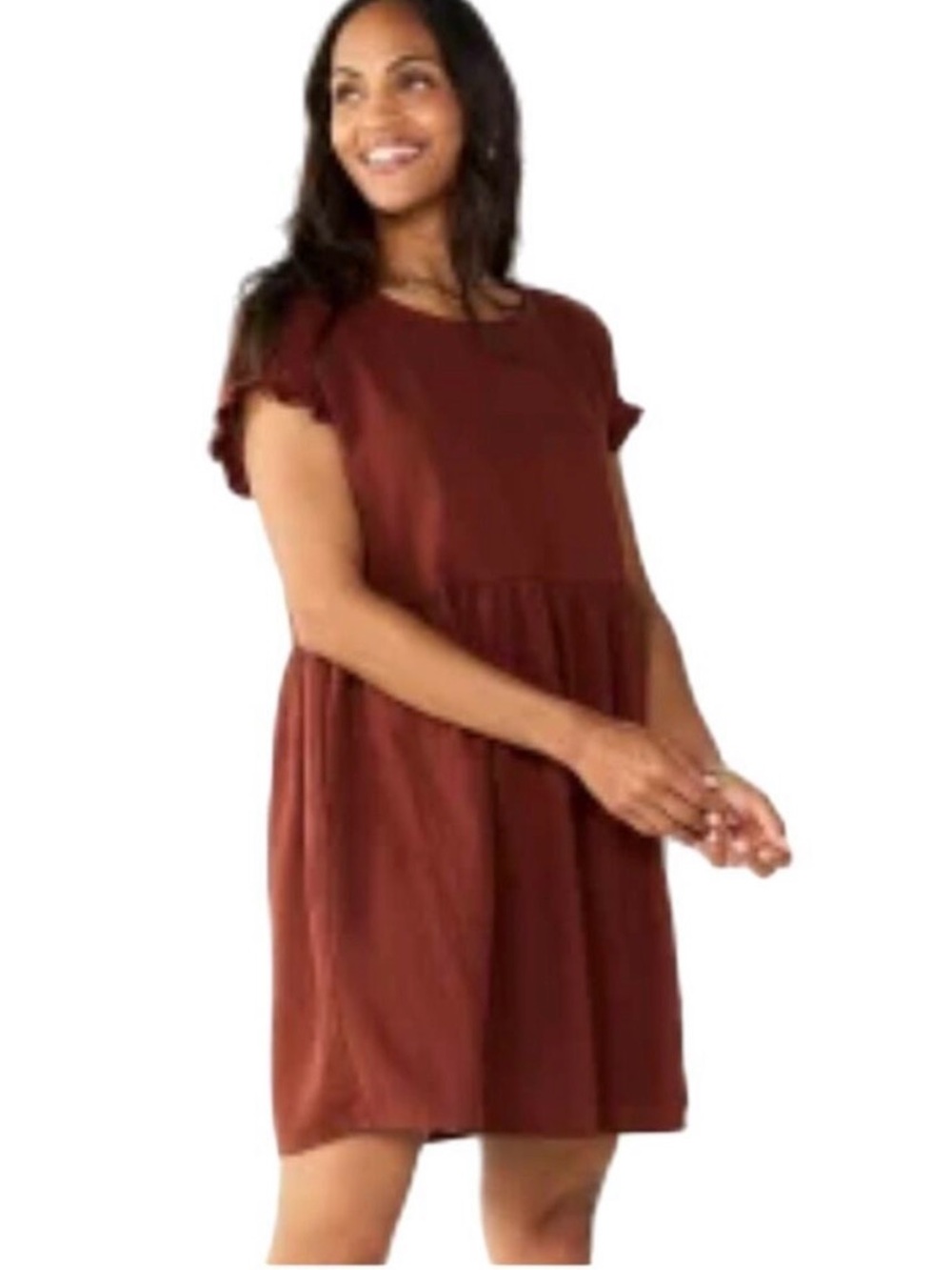 Sonoma Rust Babydoll Short Sleeve Linen Blend Dress With Pockets Large